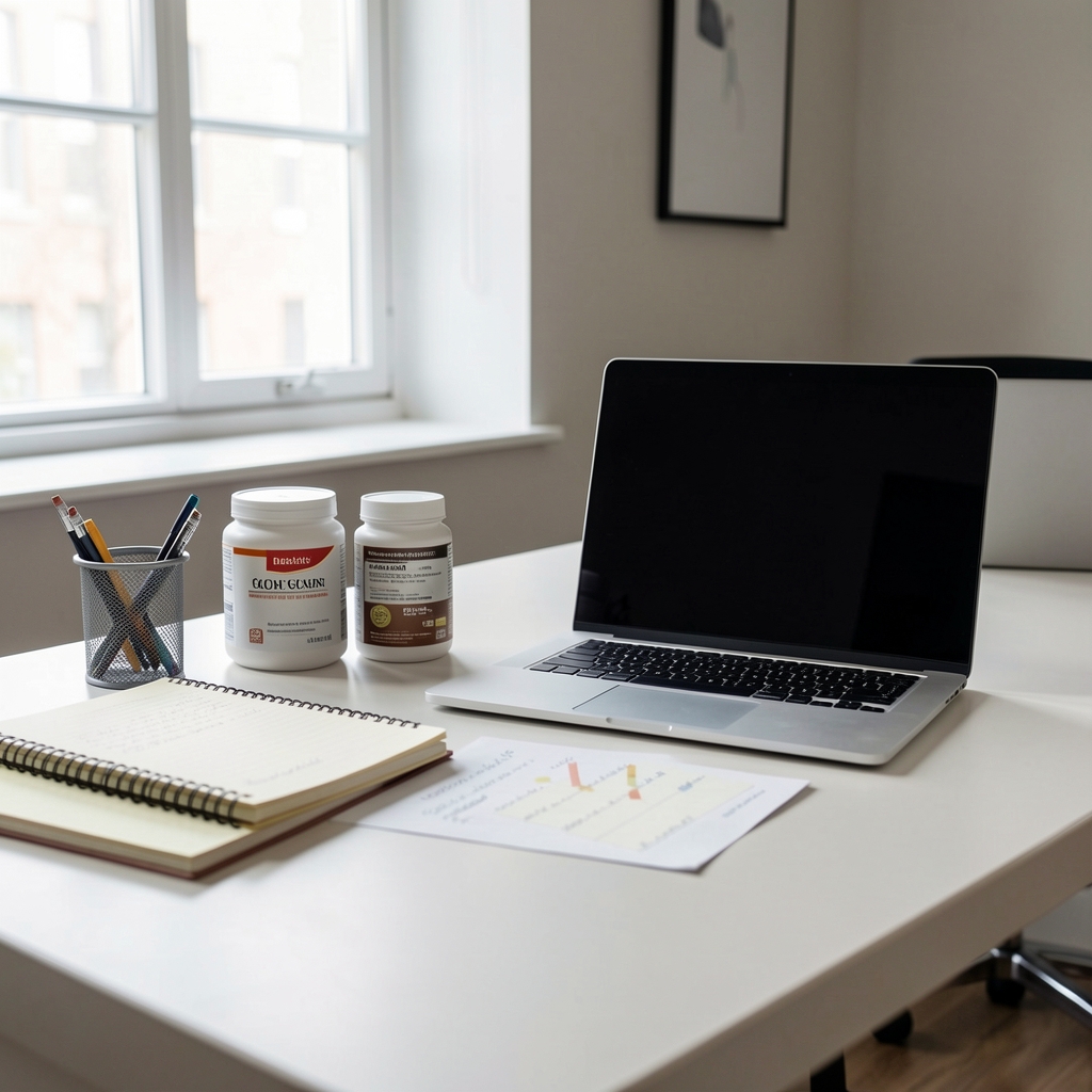 Editorial portrait of a man reviewing nutritional notes at a studio desk, calm natural light composition